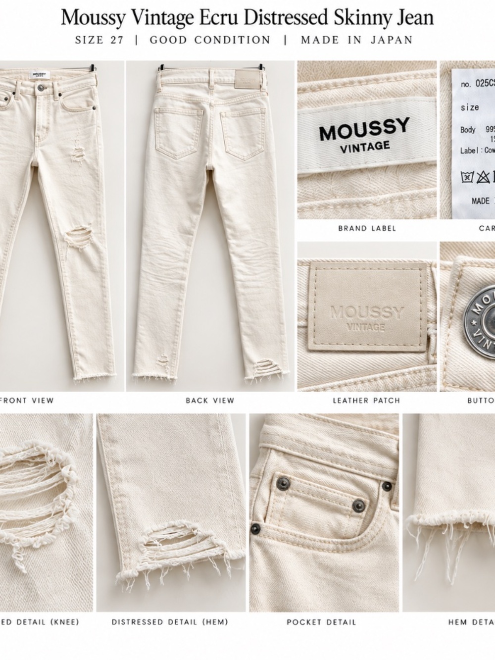 Moussy Vintage Ecru Distressed Skinny Jeans Size 27